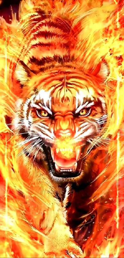 Fiery tiger mobile wallpaper with flames engulfing a roaring tiger.