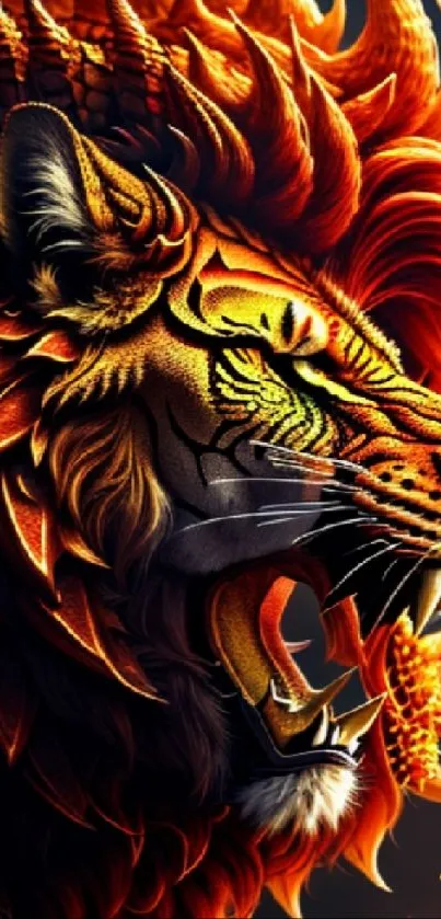 Fierce, fiery tiger with vibrant mane and flames in digital artwork.