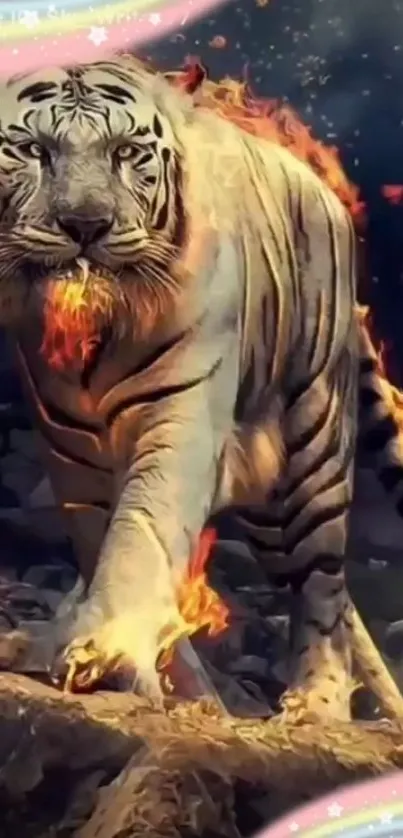 Fiery tiger walking in flames mobile wallpaper.