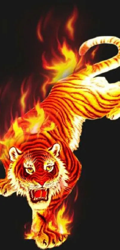 Fiery tiger leaps from dark background in vibrant mobile wallpaper.