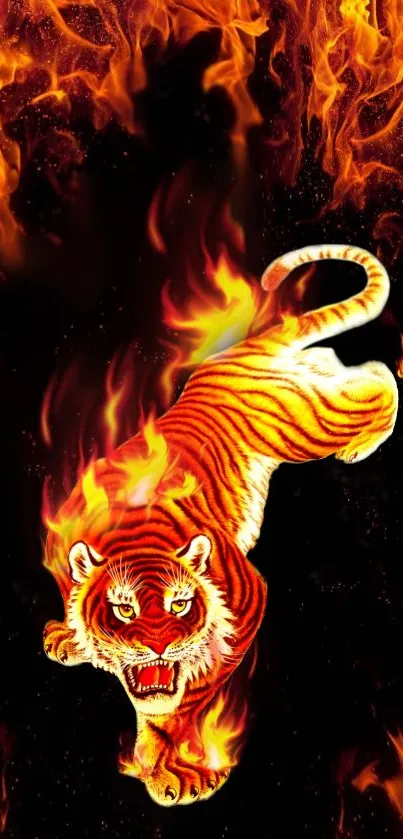 Fiery tiger leaping through flames on black background.