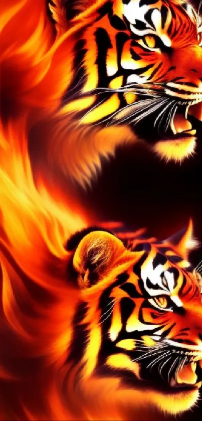 Fiery tiger heads with vibrant flames wallpaper