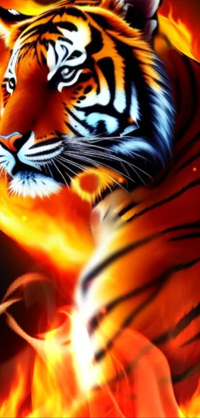 Fiery tiger surrounded by flames, vivid wallpaper.