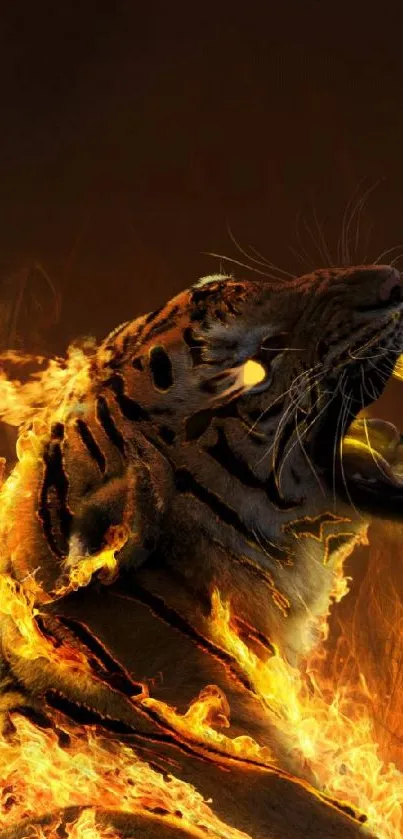 Fiery tiger with flames in dark wallpaper design.