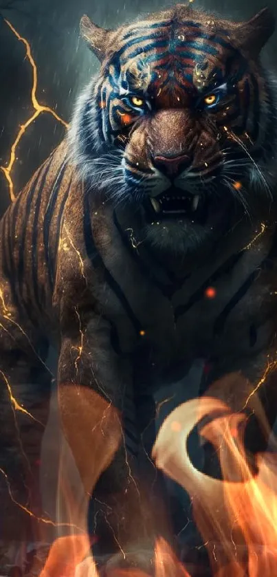 Majestic tiger walking through flames in dramatic artwork.