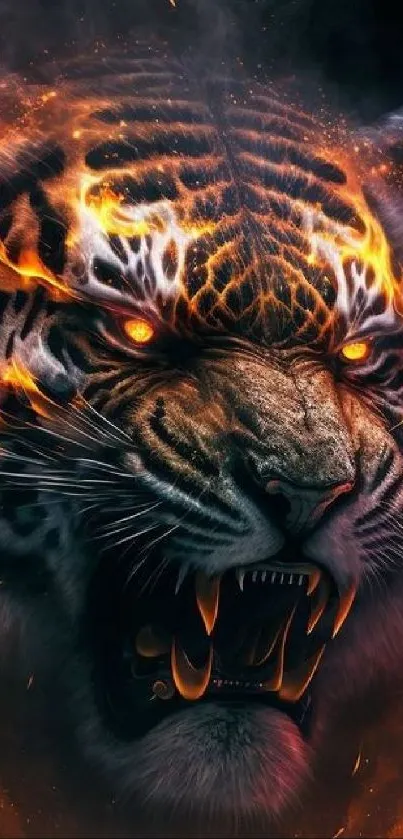 Fiery tiger with flames, intense energy.