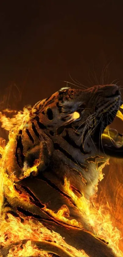 Roaring tiger engulfed in vibrant flames, depicting strength and fierceness.