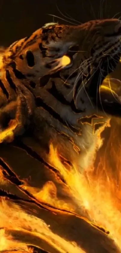 Fiery tiger roaring with flames surrounding its body.