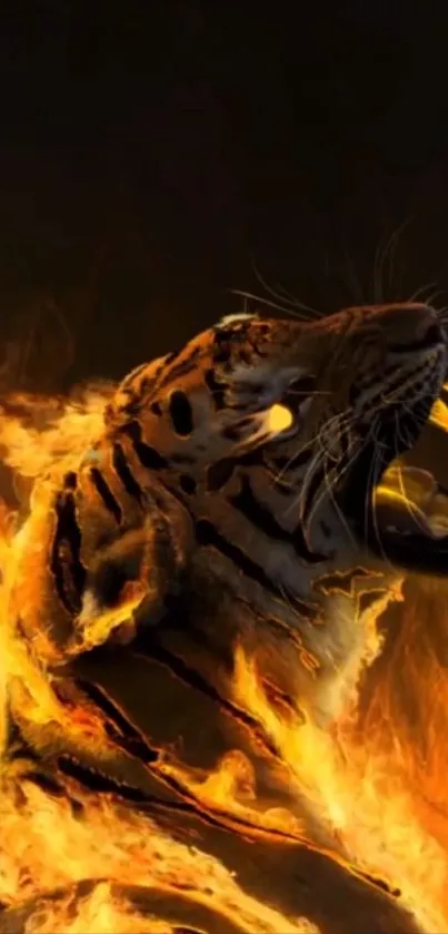 Fiery tiger roaring with bright flames in stunning wallpaper design.