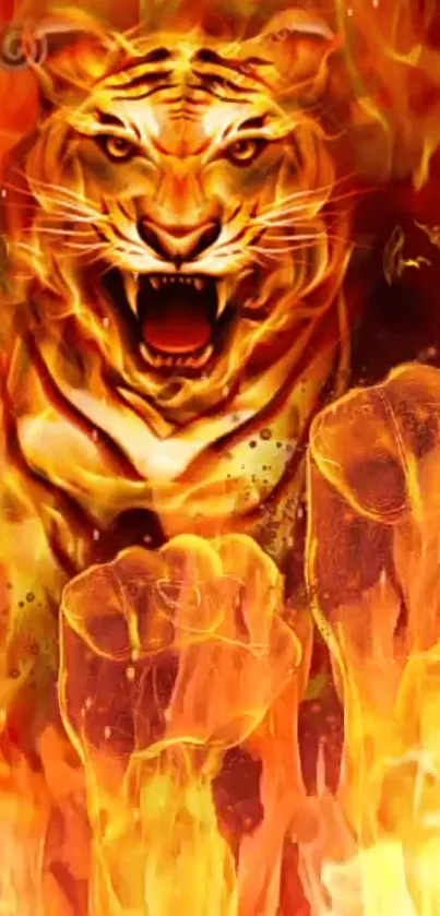 Roaring tiger surrounded by fiery flames in a dynamic wallpaper.