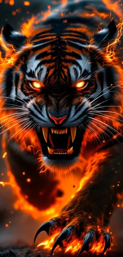 Fiery tiger with glowing eyes and flames.