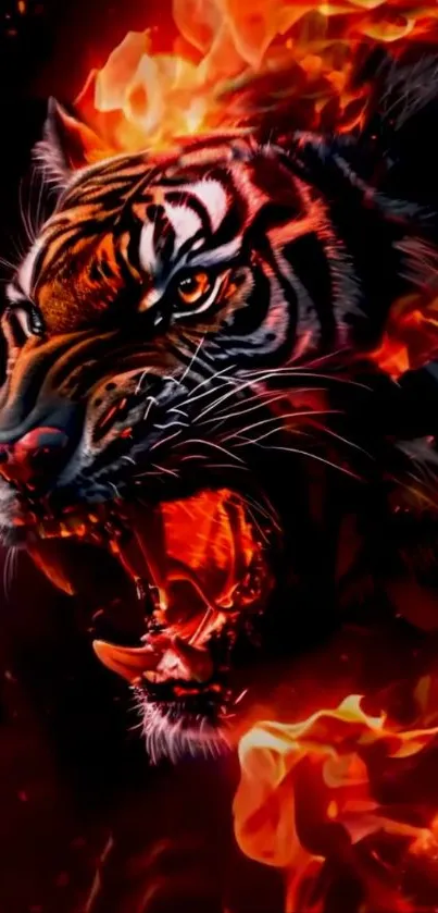 Fiery tiger roaring with intense flames.