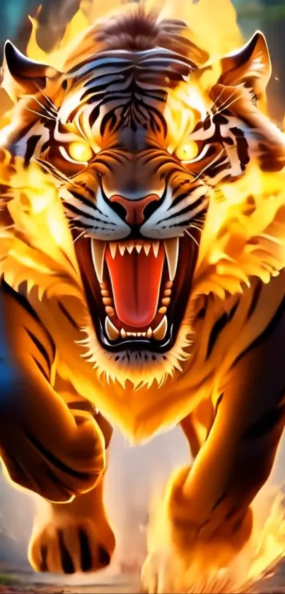 Fiery tiger roaring through flames in the jungle.