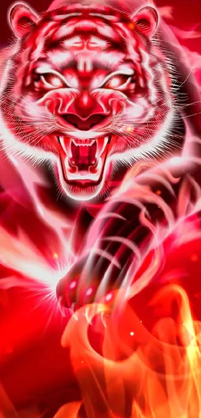 Vivid fiery red tiger leaping in dynamic illustration.