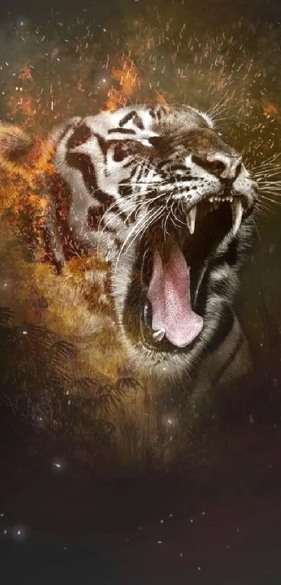 Roaring tiger engulfed in vibrant flames on a dark background.