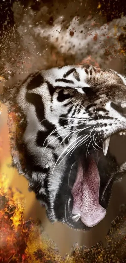 Roaring tiger with fiery background wallpaper