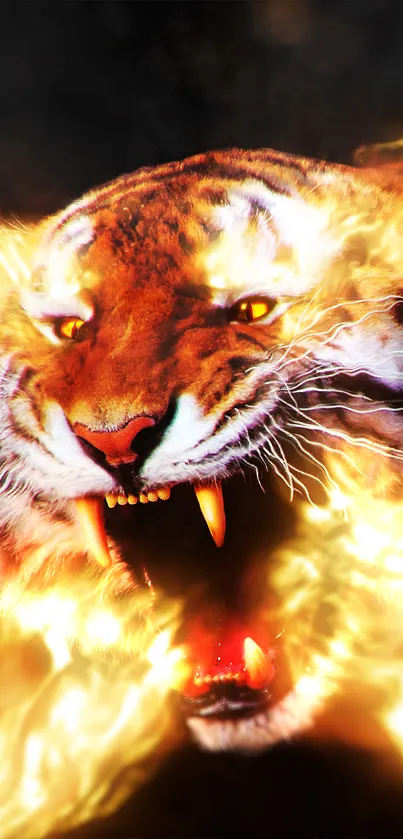 A fierce tiger roaring amidst fiery flames on a mobile wallpaper.