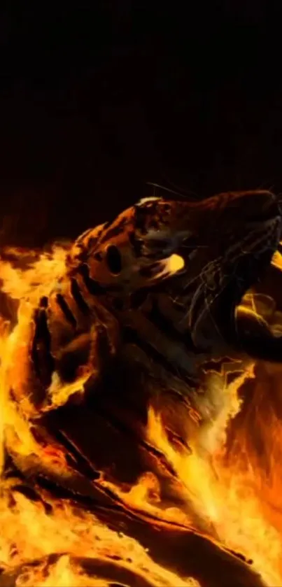 Roaring tiger with fiery flames wallpaper.