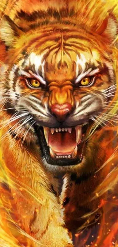 Fiery tiger roaring amidst bright orange flames.