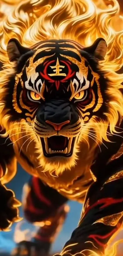 Fiery tiger roaring with flames in vibrant wallpaper design.