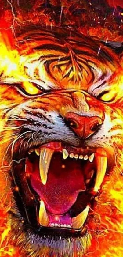 Fierce tiger surrounded by vibrant flames, roaring in vivid detail.