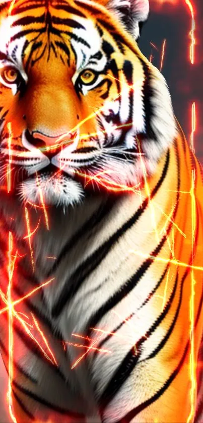 Vibrant orange tiger with fiery background design for smartphone wallpaper.