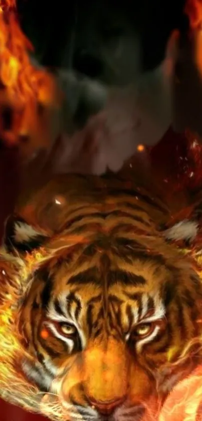 Fiery tiger with intense flames in the background