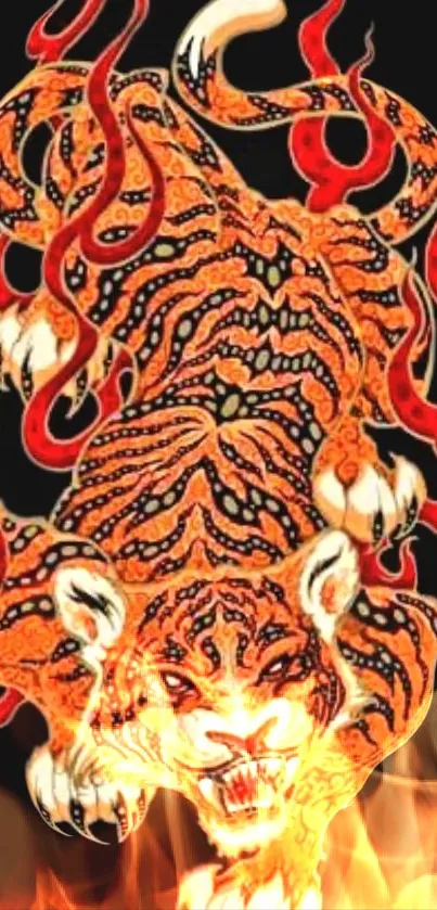 Fiery and artistic tattoo tiger with swirling flames on a black background.