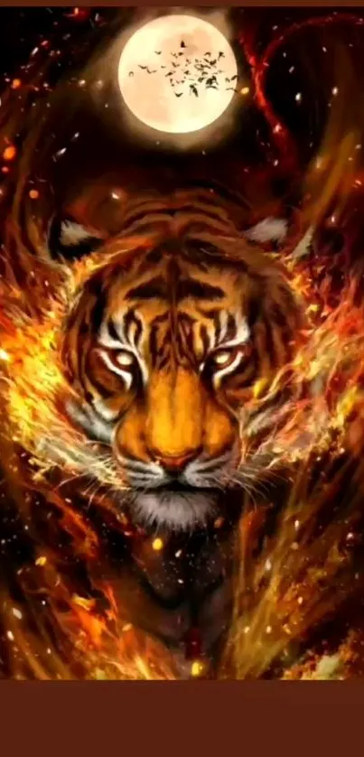 Fiery tiger surrounded by flames under a full moon.