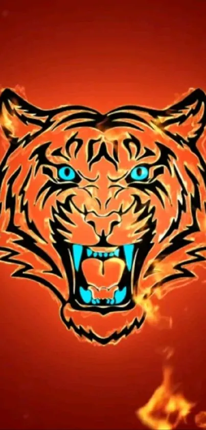 Fiery orange tiger head on a red background with blue eyes.