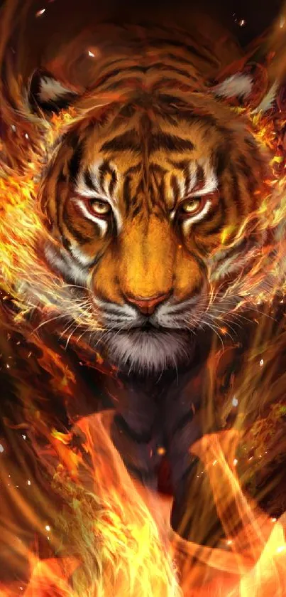 Fiery tiger surrounded by flames in dramatic wallpaper.