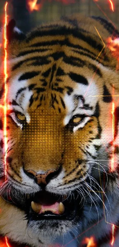 Fierce tiger surrounded by fiery effects.