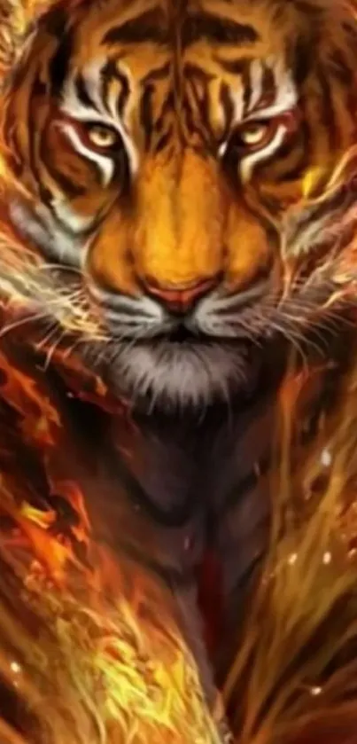 Fiery tiger artwork on mobile wallpaper.