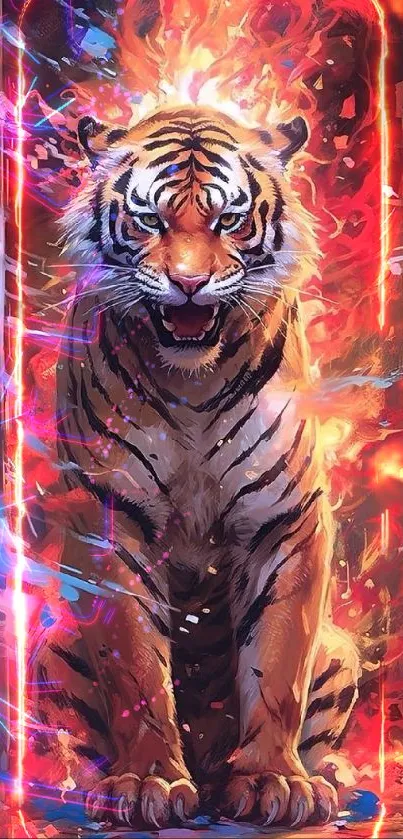 Illustrated tiger with fire background, ideal mobile wallpaper.