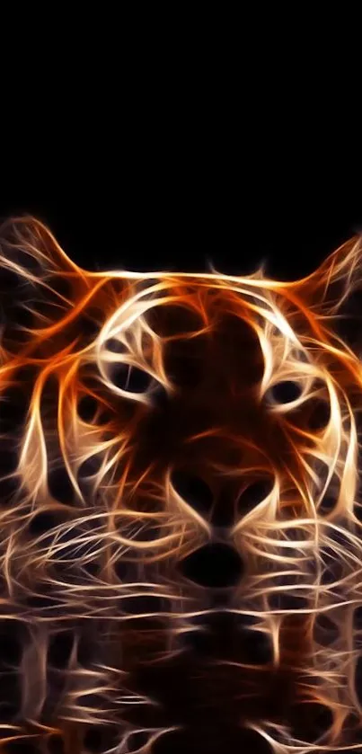 Fiery tiger glowing on a black background with artful reflections.