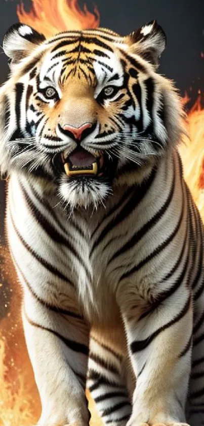 Dynamic mobile wallpaper of a tiger with a fiery backdrop, exuding power and elegance.