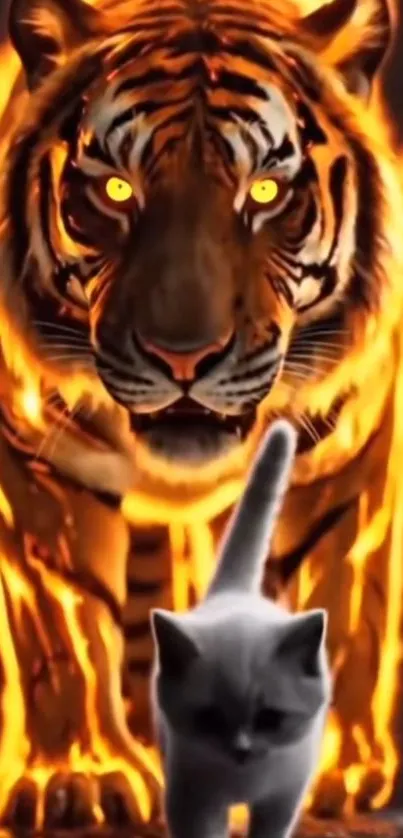 Fiery tiger with glowing eyes behind a cat walking forward.