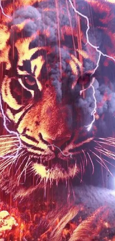 Fierce tiger with dramatic lightning in background design.