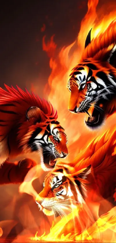 Fierce tigers in flames artistic wallpaper