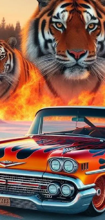 Mobile wallpaper with flaming car and tigers in a fiery scene.