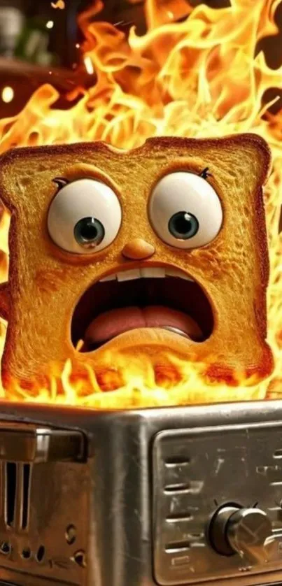 Fiery cartoon toast in a toaster flames