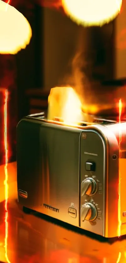 Artistic wallpaper of a toaster with vibrant orange flames.