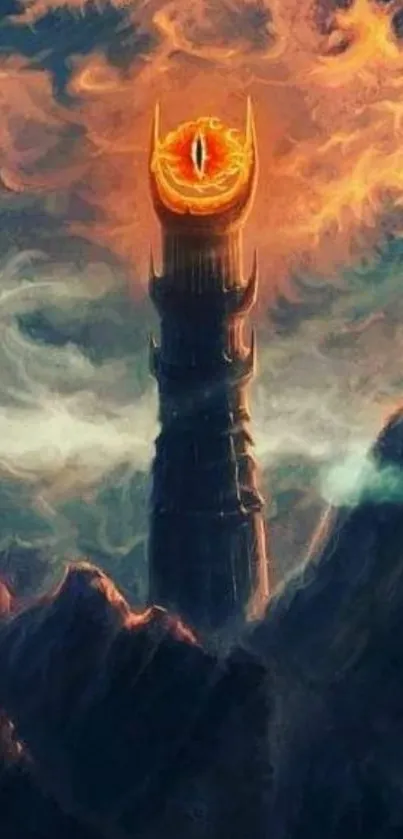 Tall dark tower with fiery cloud backdrop for mobile wallpaper.