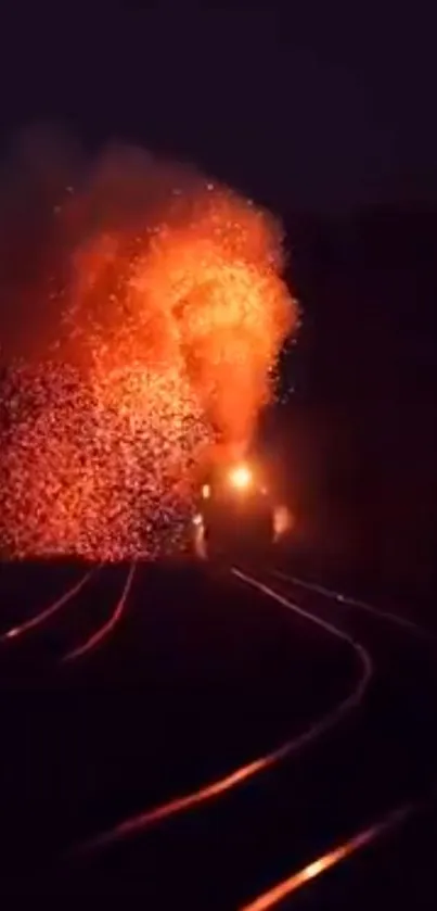 Train emitting fiery sparks on dark tracks.