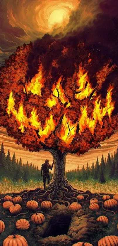 Fiery tree with pumpkins in surreal autumn setting.