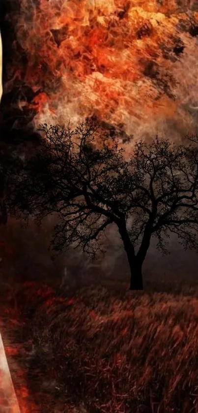 Mobile wallpaper with a fiery scene of a lone tree and a woman in a gown.