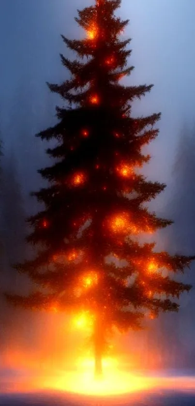 A solitary tree glowing orange in a mystical, foggy forest setting.