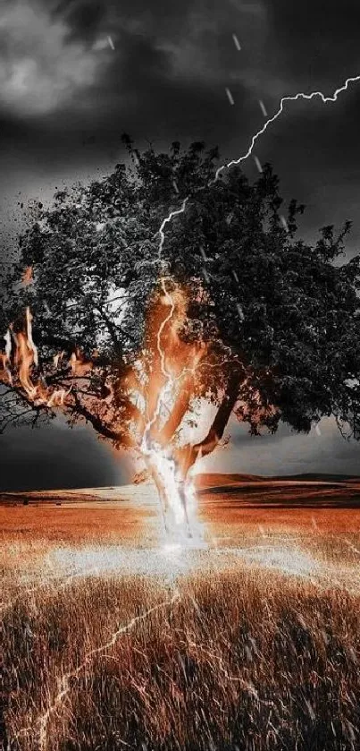 Tree engulfed in flames with lightning in dark field.