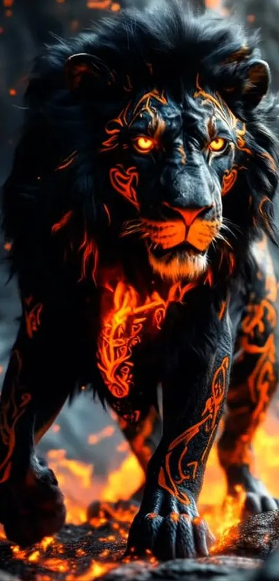 Fiery tribal lion with glowing tattoos in a dramatic setting.