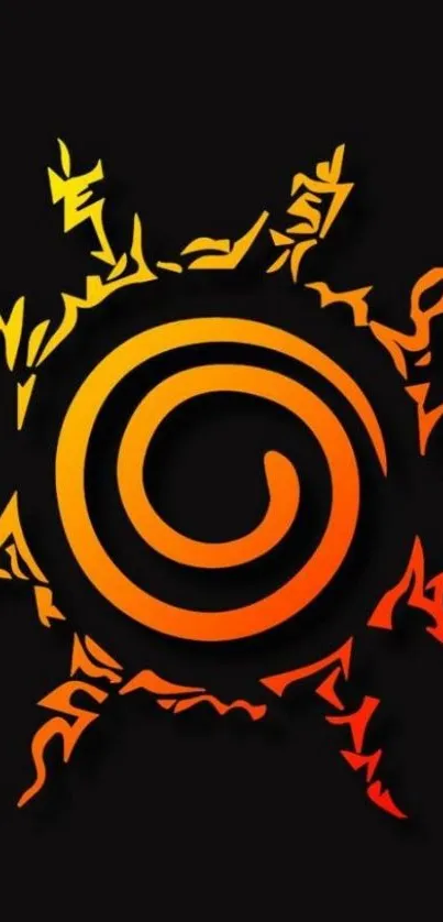 Abstract fiery tribal sun design on black background.